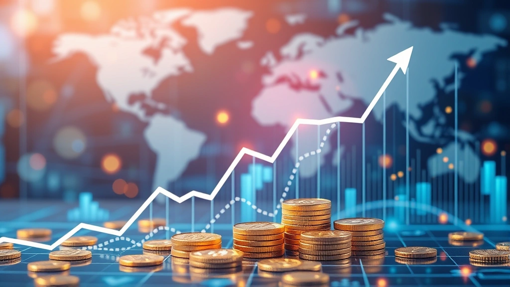 Abstract representation of financial markets with upward trending graphs, coins and digital currency symbols, interconnected global financial networks, professional financial technology aesthetic