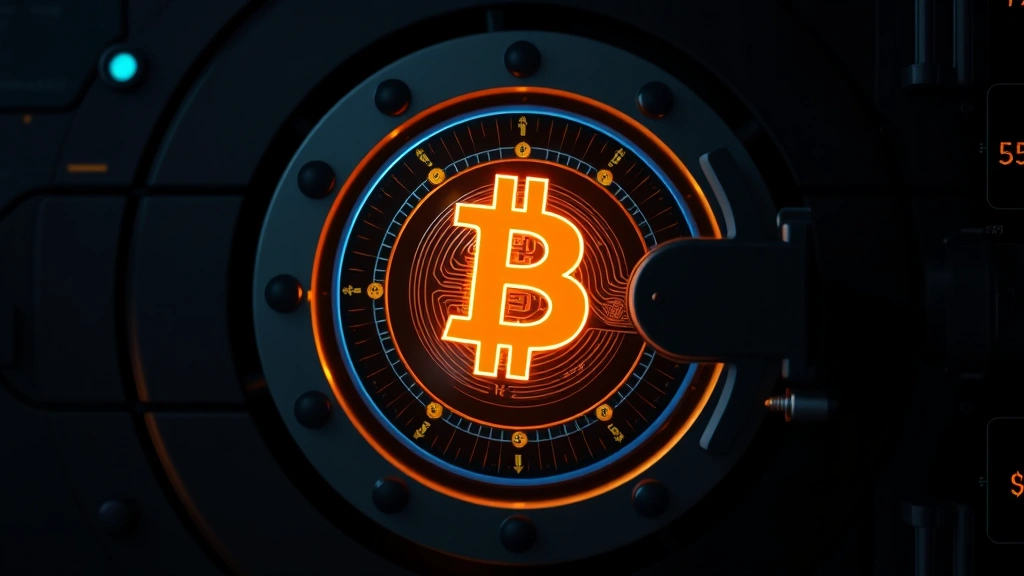 Professional photograph of secure digital vault with glowing Bitcoin and dollar symbols, representing safe conversion and asset protection, no text overlay