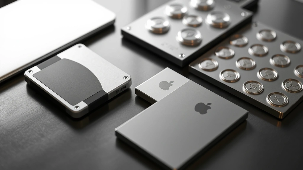 Physical hardware wallet devices (Ledger, Trezor) arranged on a desk next to stainless steel seed storage plates, soft lighting highlighting the metallic surfaces and security features, professional cryptocurrency security setup