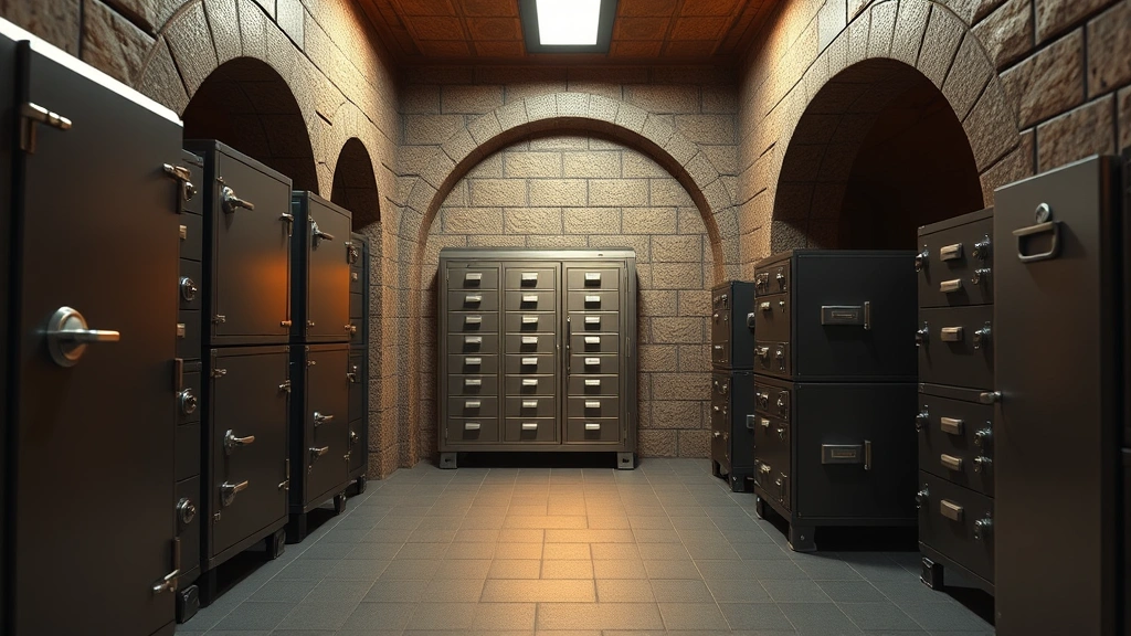 Secure vault interior with safety deposit boxes and metal storage containers, warm lighting emphasizing security and permanence, representing geographic backup storage locations for cryptocurrency holdings