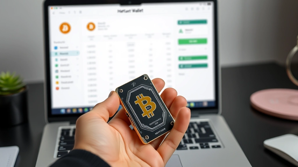 Person holding a hardware wallet device with a laptop displaying bitcoin wallet interface in background, clean modern aesthetic, representing the connection between hardware security and cryptocurrency management