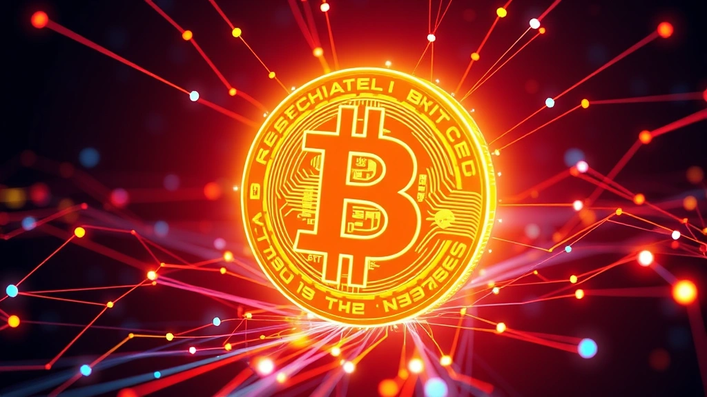 Photorealistic image of a glowing Bitcoin symbol surrounded by digital network nodes and flowing data streams, representing institutional adoption and blockchain technology integration in 2021