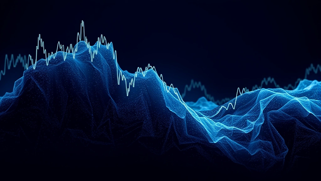 Realistic visualization of Bitcoin price volatility as a dynamic wave pattern with upward and downward movements, showing market turbulence against a dark blue financial background