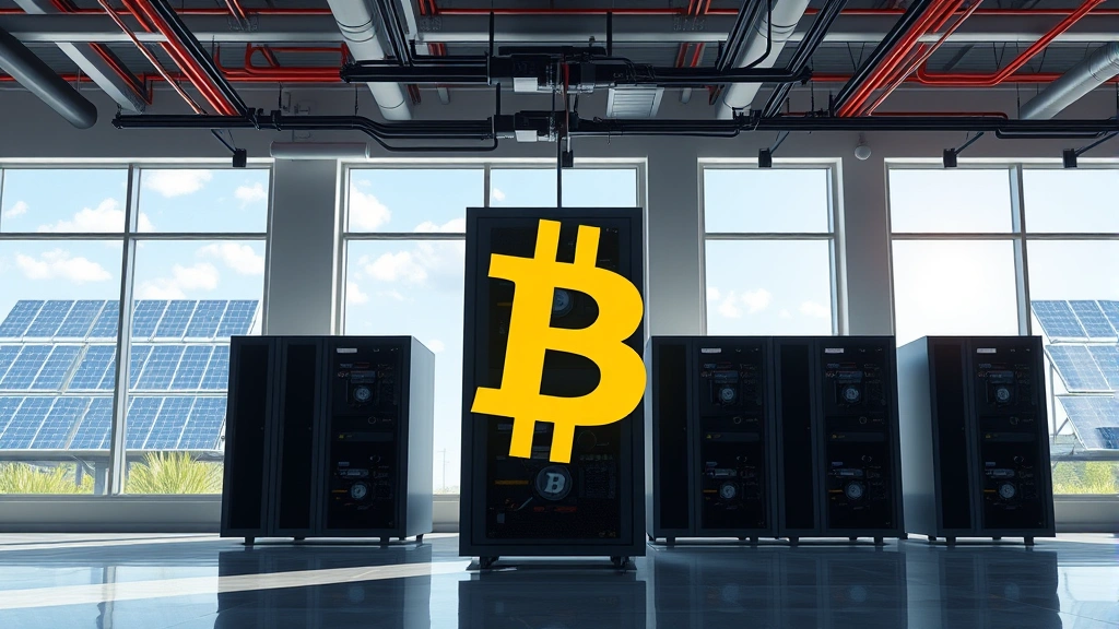 Photorealistic depiction of multiple computer servers and mining equipment in a renewable energy facility with solar panels visible through windows, representing Bitcoin mining operations and environmental considerations