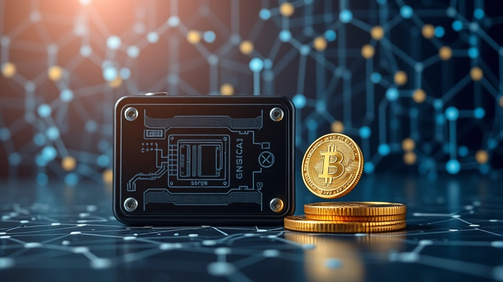 Photorealistic photograph of secure cryptocurrency hardware wallet device next to digital representation of blockchain network nodes, professional studio lighting, technology-focused composition