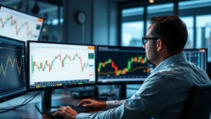 Photorealistic image of a trader analyzing Bitcoin price charts on multiple computer monitors in a modern trading office, showing concentration and focus on cryptocurrency market data