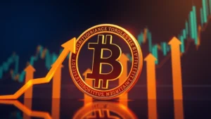 Digital illustration of Bitcoin symbol with upward and downward arrows showing amplified movements, cryptocurrency market dashboard aesthetic, deep blues and golds, no text or numbers visible