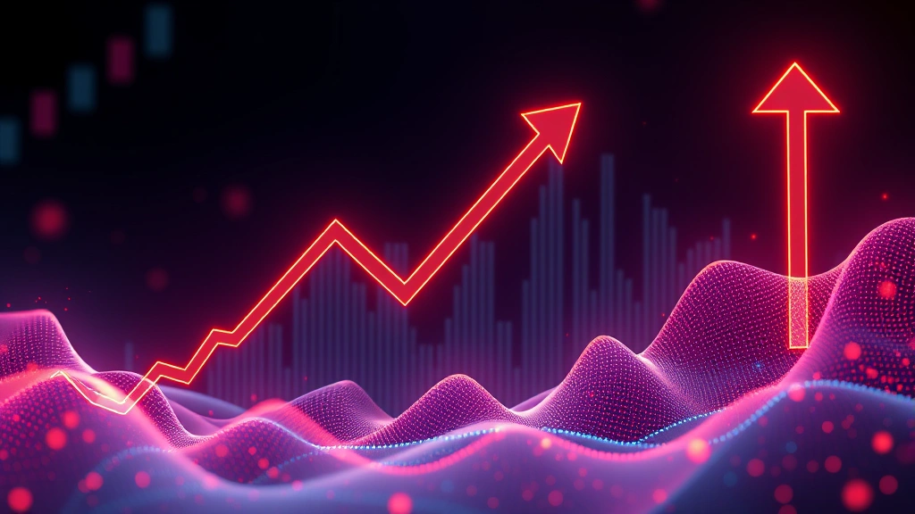 Photorealistic depiction of financial volatility visualization with upward and downward trending arrows, representing market swings and crypto volatility, modern financial technology aesthetic