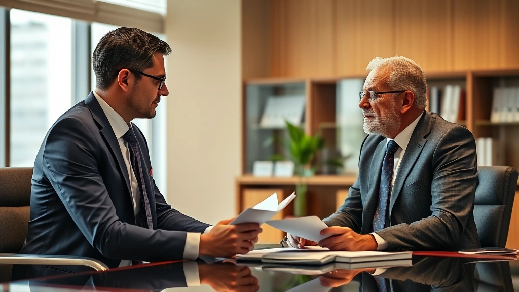 Photorealistic image of a financial advisor or wealth manager discussing investment strategy with a client in a professional office setting, showing serious discussion about portfolio risk management