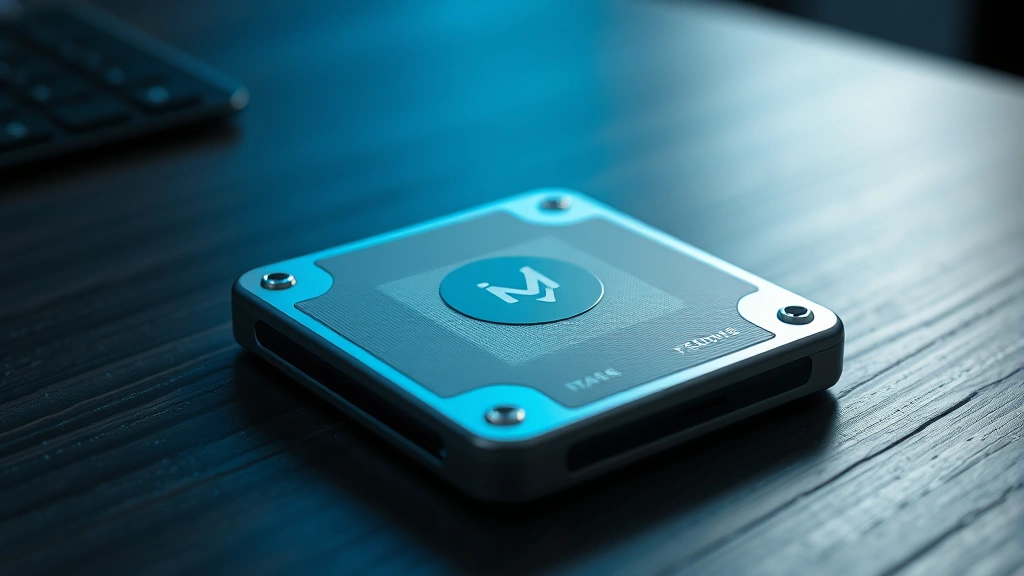 Photorealistic image of a secure cryptocurrency hardware wallet on a dark wooden desk with soft blue ambient lighting, showing the device's sleek metallic design, no text or labels visible, professional financial technology aesthetic