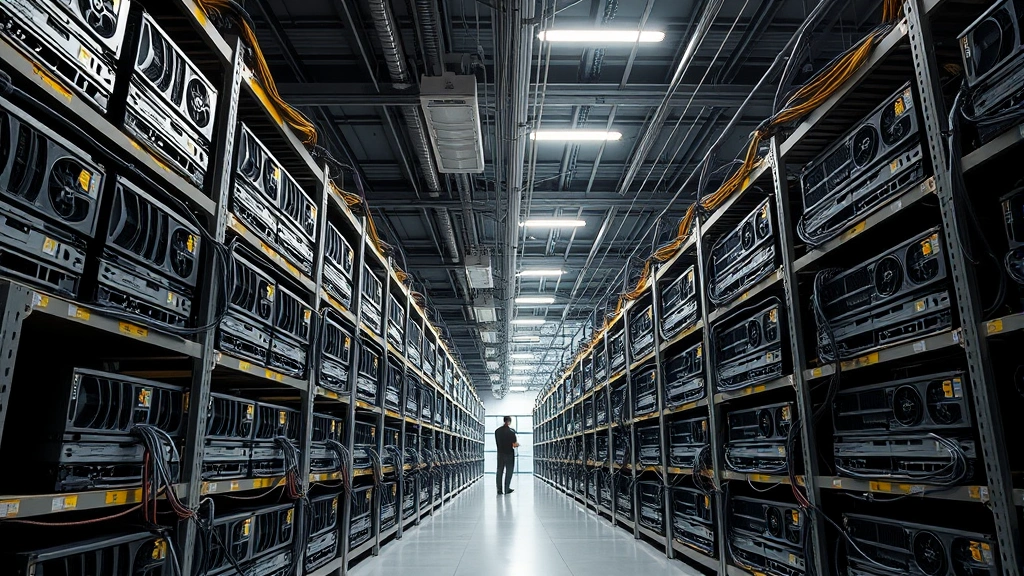 Industrial-scale Bitcoin mining facility with rows of ASIC mining rigs stacked neatly on metal racks under bright LED lighting, demonstrating modern mining warehouse setup with visible ventilation systems and organized cable management