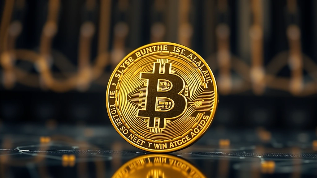 Close-up of Bitcoin coin with golden metallic finish, blurred blockchain network nodes in background, professional cryptocurrency photography, shallow depth of field