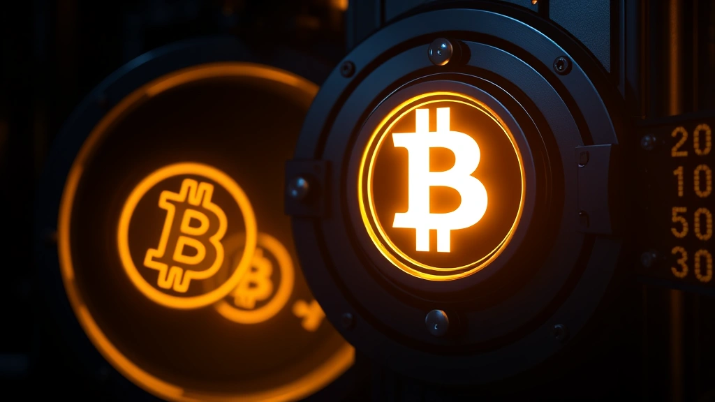 Photorealistic image of a secure digital vault with glowing Bitcoin symbols, representing blockchain security and encryption technology, dark blue and gold color scheme, no text