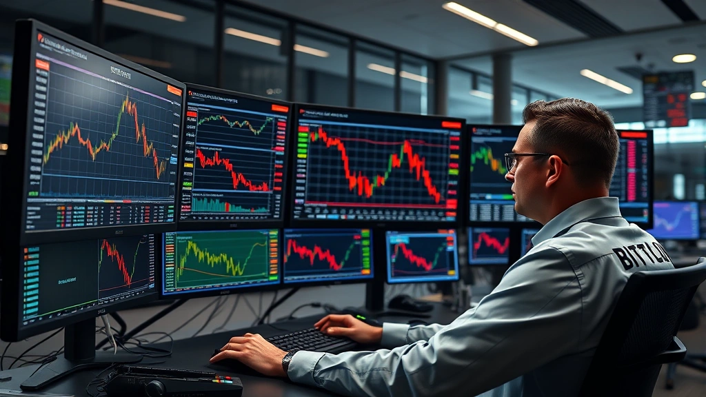 Photorealistic image of a professional trader analyzing Bitcoin price charts on multiple monitors in a modern financial trading desk environment, with Bloomberg terminals and cryptocurrency market data visible on screens, no text or ticker symbols showing