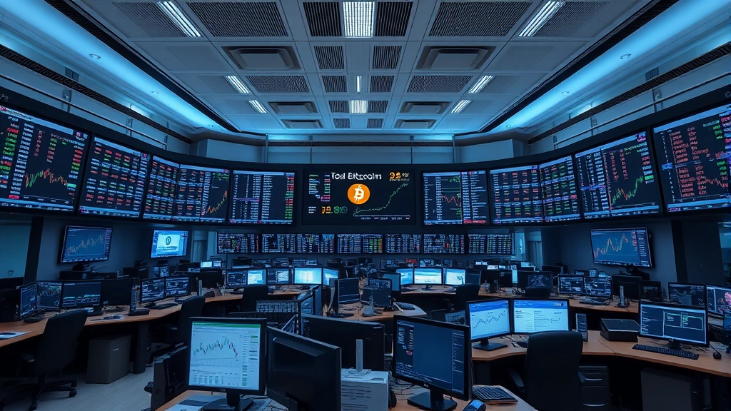 Photorealistic photograph of a professional trading floor with multiple monitors displaying financial data, representing institutional Bitcoin adoption and market infrastructure, modern office setting, no text or numbers visible