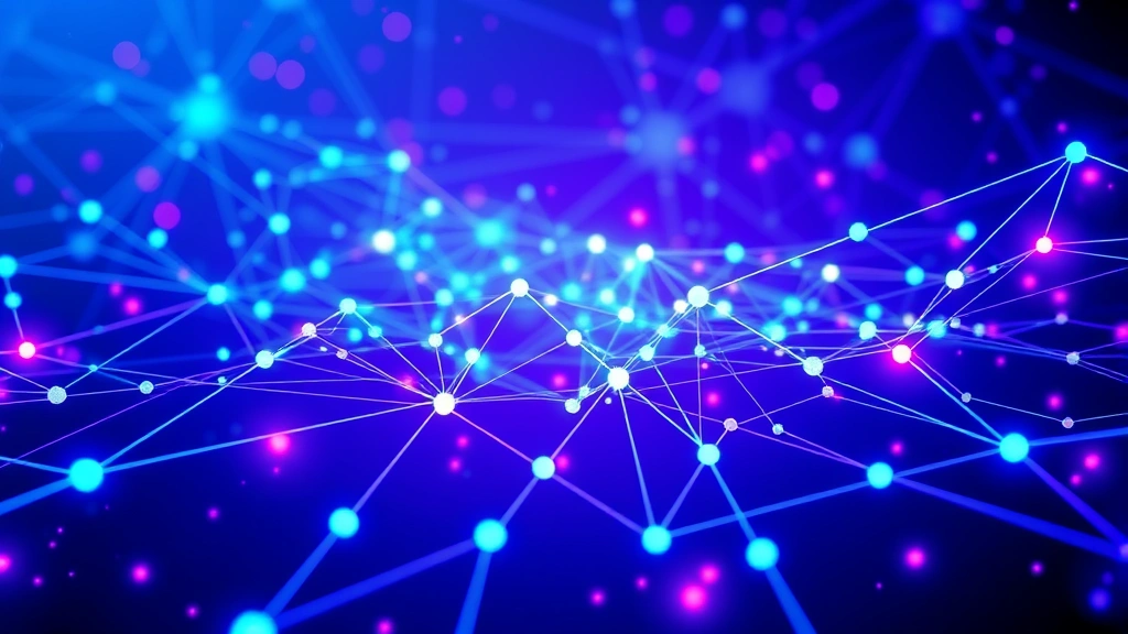 Futuristic blockchain network visualization showing interconnected nodes and data streams, bright blue and purple neon colors, abstract technology representation, no charts or tickers