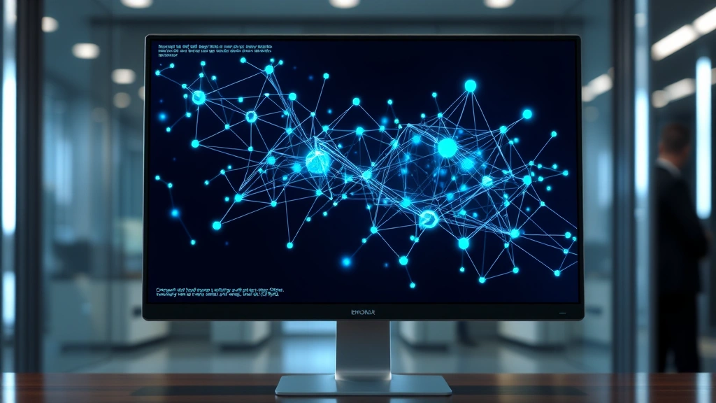 Photorealistic photograph of a blockchain network visualization displayed on a high-tech monitor screen, showing interconnected nodes and data flow patterns, ethereal blue and green colors, no visible text or code