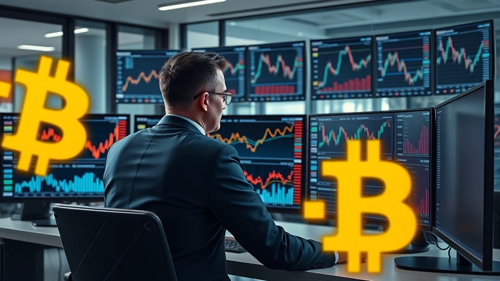 Photorealistic image of a professional investor reviewing portfolio charts on multiple monitors in a modern office with Bitcoin symbols subtly integrated into the background, sophisticated financial environment, no ticker information