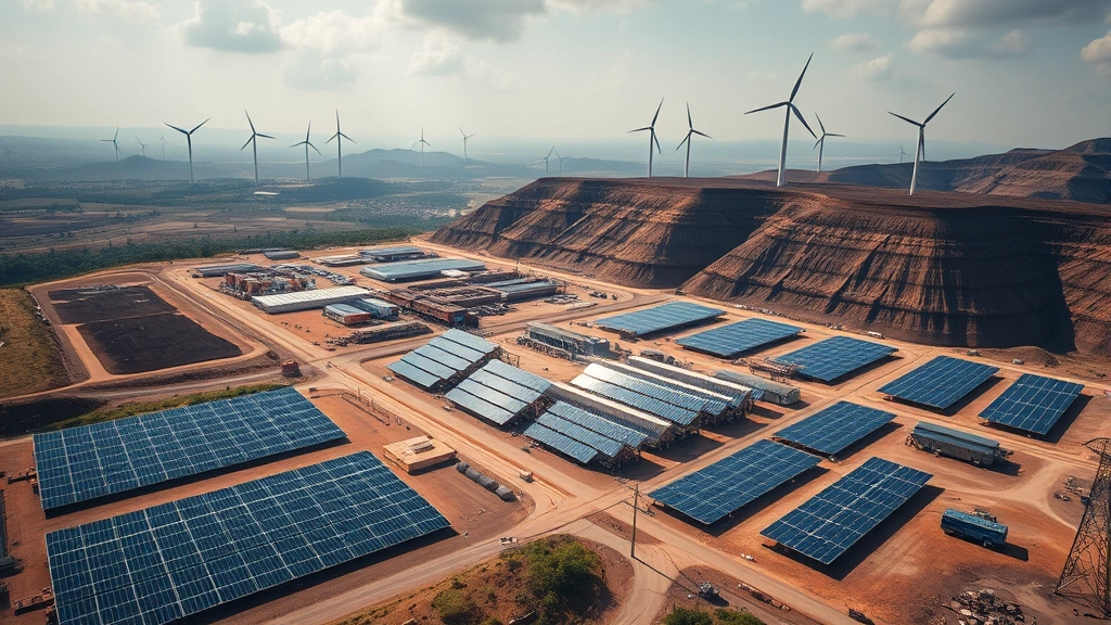 Aerial view of a large mining farm powered by renewable energy with solar panels and wind turbines visible in surrounding landscape, illustrating the connection between sustainable energy sources and profitable mining operations