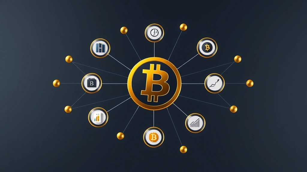 Photorealistic image of a diversified investment portfolio concept, showing interconnected nodes representing different asset classes around a central Bitcoin symbol, representing portfolio diversification and risk management, abstract geometric style, no text