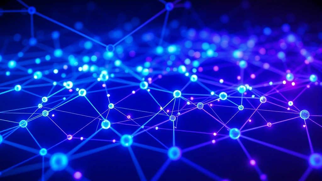 Photorealistic image of interconnected blockchain nodes and network connections glowing in blue and purple, representing distributed ledger technology and Bitcoin network infrastructure, abstract visualization without text elements