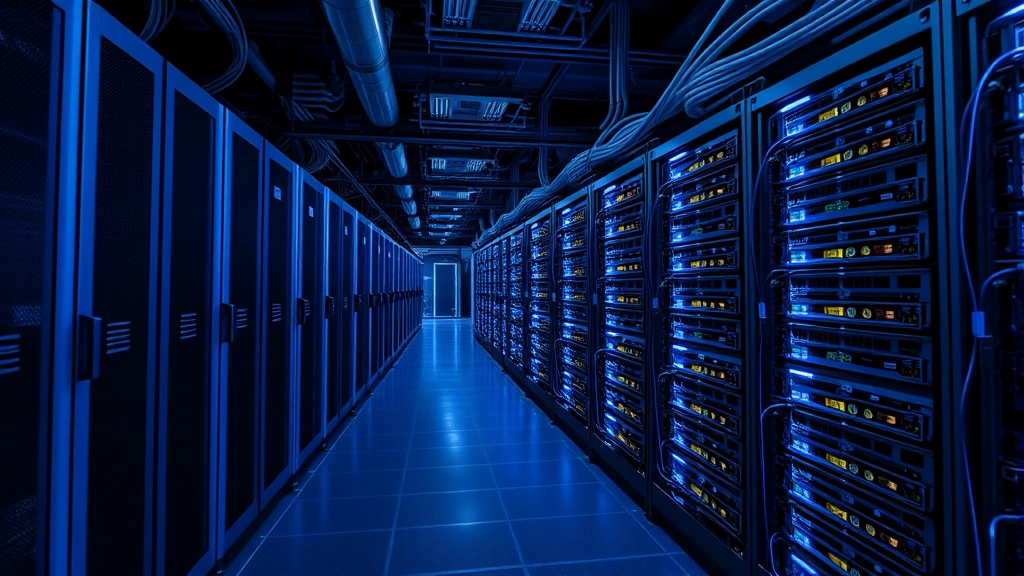 Photorealistic image of a secure Bitcoin mining facility with rows of specialized ASIC mining hardware, cooling systems, and blue lighting, showing the technological infrastructure supporting the Bitcoin network, no visible text or serial numbers