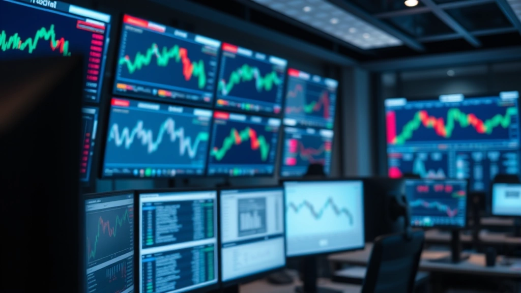 Professional trading floor atmosphere with multiple monitors displaying financial data, soft focused background, cryptocurrency market analysis environment, no visible text on screens