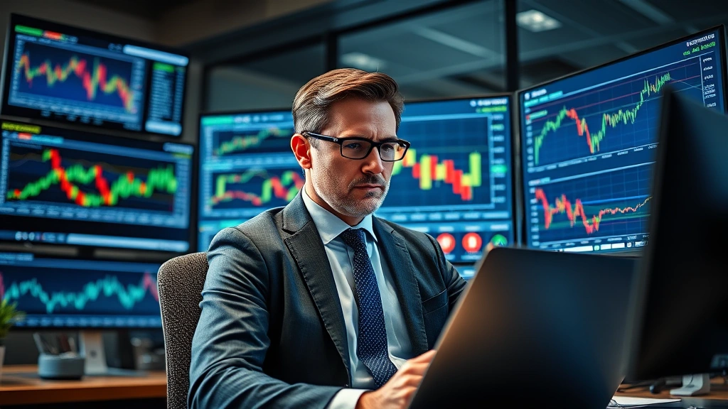 Photorealistic image of a professional financial advisor or analyst reviewing cryptocurrency investment charts and data on multiple screens in a modern office environment, serious focused expression, no visible ticker symbols or specific numbers