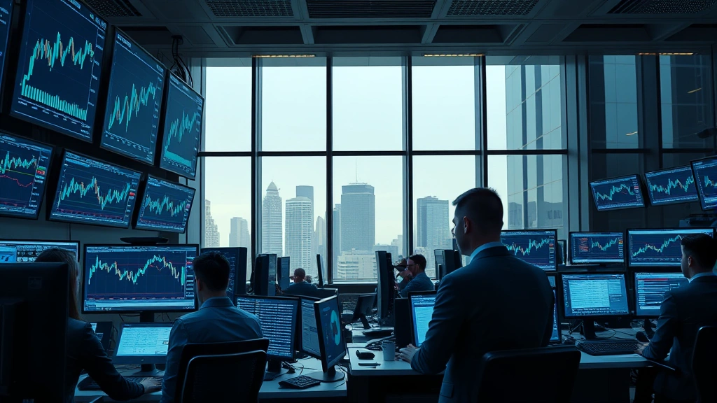 Photorealistic image of a modern cryptocurrency exchange trading floor with multiple monitors displaying Bitcoin price charts and trading interfaces, professional traders in business attire monitoring markets, blue and green candlestick data visualizations glowing on screens, financial hub atmosphere with city skyline visible through windows, no text or ticker symbols visible