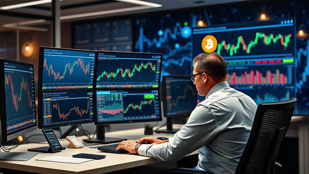 Professional cryptocurrency trader at desk with multiple monitors displaying live Bitcoin price charts and trading data, modern office environment with blockchain-themed background, photorealistic