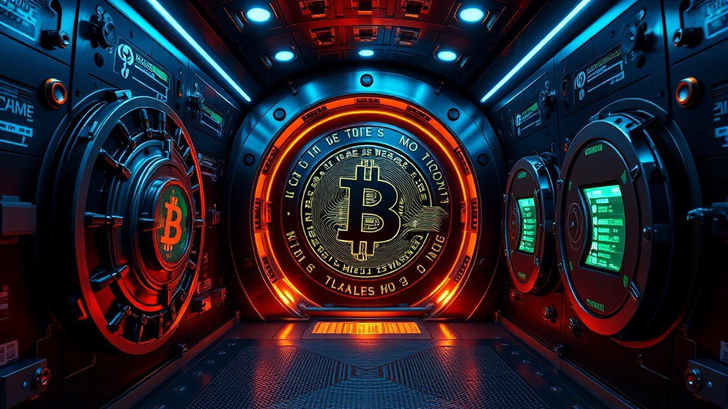 Photorealistic photograph of a high-security bank vault interior with digital security locks and blockchain-themed lighting, representing secure Bitcoin storage and conversion facilities