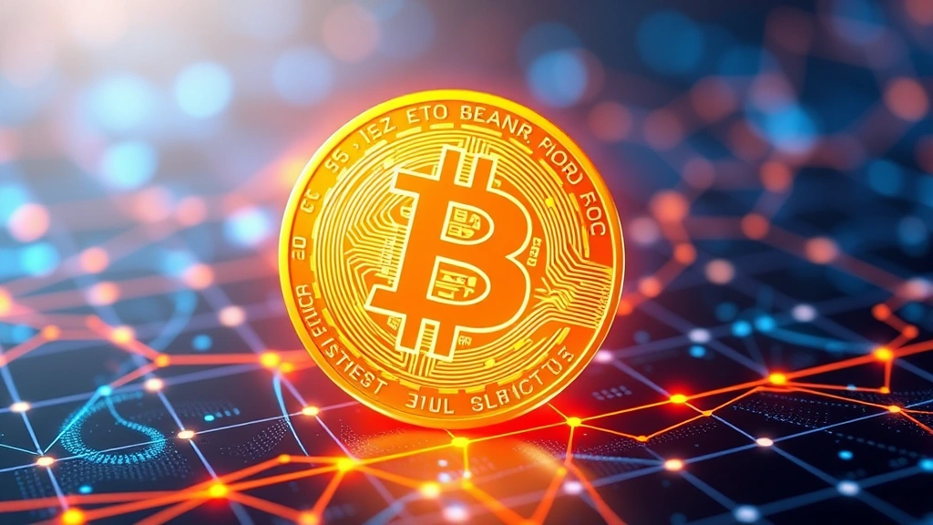 Photorealistic image of glowing Bitcoin coin floating above digital blockchain network grid with blue and orange lighting, abstract technology background, no text or numbers