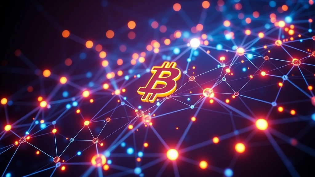 Bitcoin blockchain network visualization with glowing nodes and data streams, representing decentralized financial infrastructure and cryptographic security