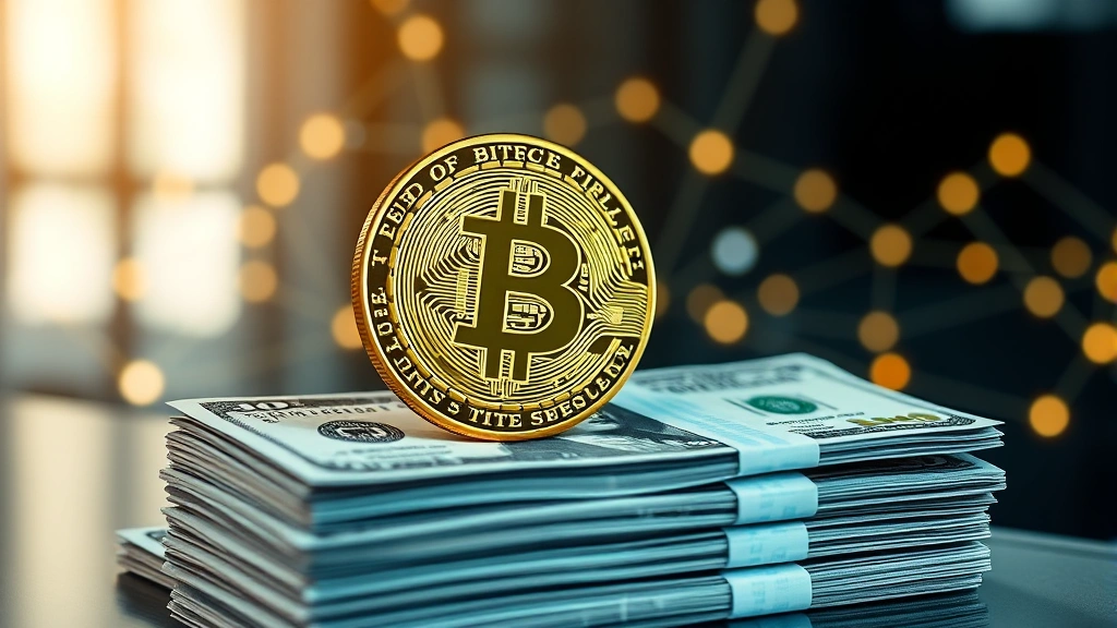 Digital Bitcoin coin floating above stacked US dollar bills in a modern financial setting with glowing blockchain network connections in the background