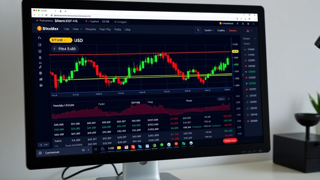 Professional cryptocurrency exchange trading platform showing Bitcoin/USD trading pair with real-time price charts, order books, and conversion calculator interface on computer screen