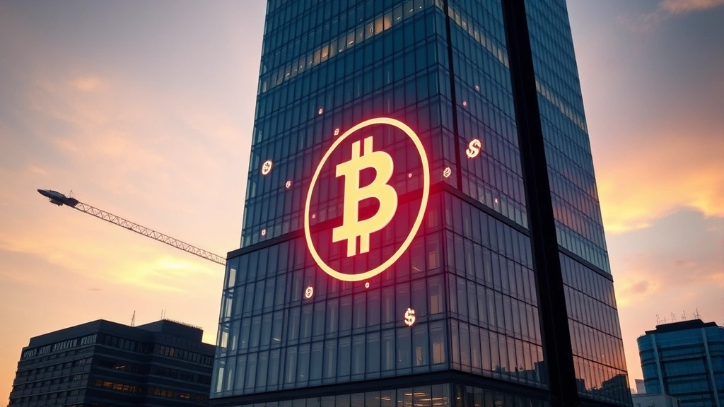 Modern glass skyscraper of a major bank at sunset with cryptocurrency symbols floating holographically above the building, professional financial district setting