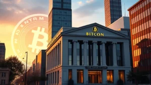 Photorealistic image of a modern bank building with subtle bitcoin symbol in the background, professional financial district setting, evening golden hour lighting, no text or numbers visible