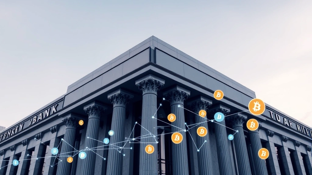 Modern bank building with cryptocurrency symbols and blockchain visualization overlaid, showing digital transformation and institutional adoption of digital assets