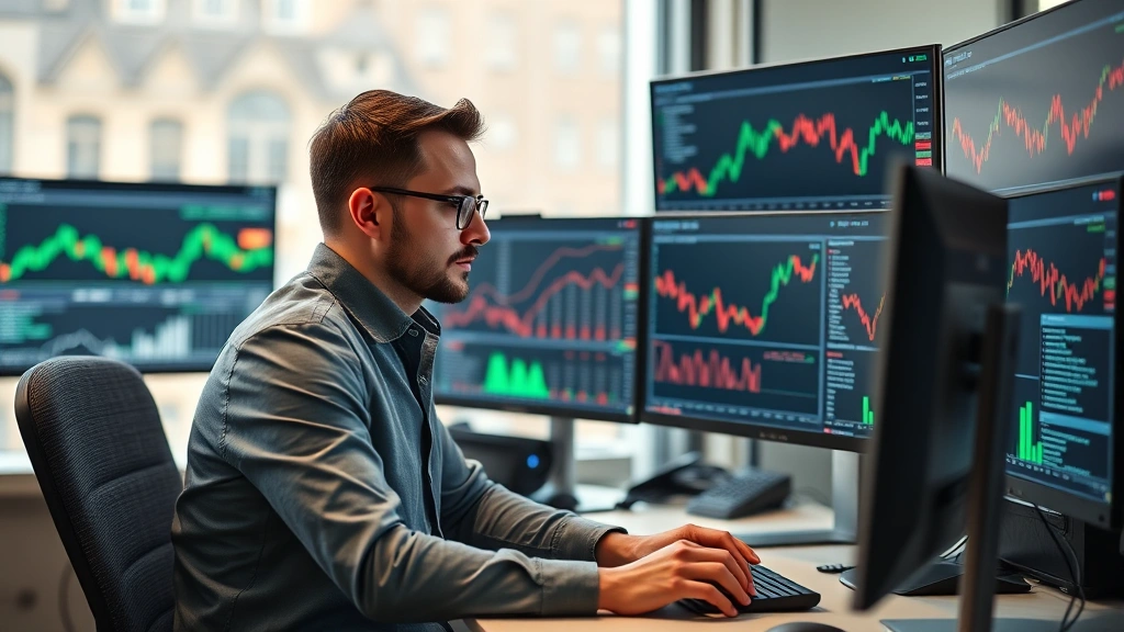 Professional financial analyst at workstation with multiple screens displaying cryptocurrency market data, research reports, and blockchain networks in background