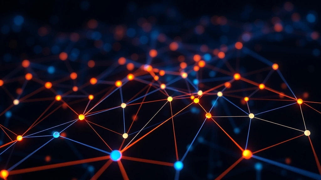 Photorealistic abstract visualization of blockchain network nodes connected by glowing lines, representing cryptocurrency infrastructure, dark background with blue and orange color accents, no charts or tickers