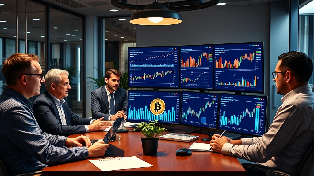 Diverse group of institutional investors in contemporary financial office reviewing digital asset allocation strategies and Bitcoin portfolio charts on screens
