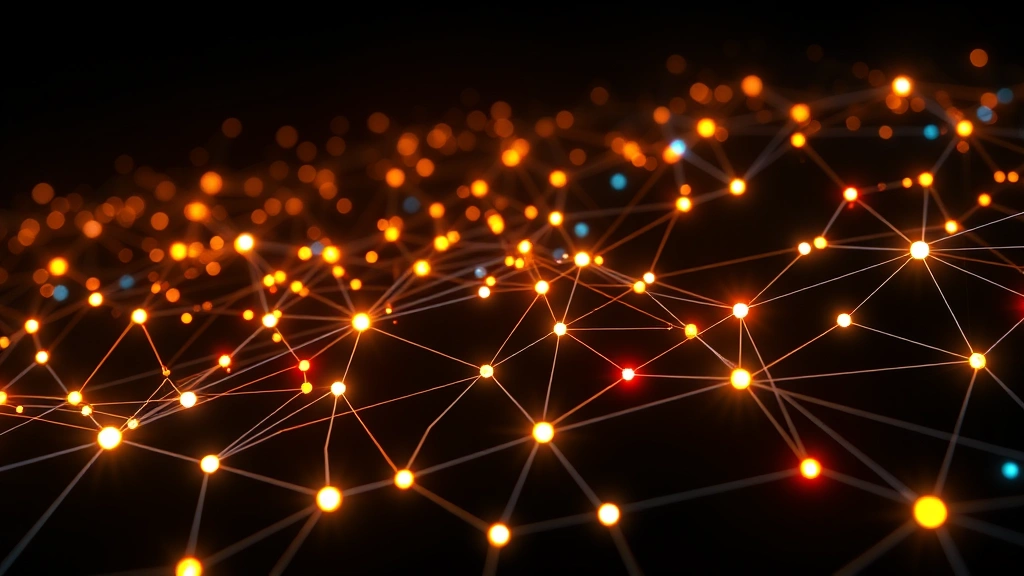 Photorealistic visualization of Bitcoin blockchain network nodes interconnected with glowing digital pathways, representing data flow and network activity across a dark abstract background
