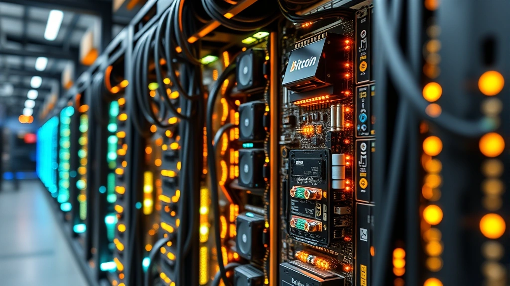 Close-up of a mining rig with illuminated circuit boards and cooling systems, showing the technical infrastructure of Bitcoin mining operations in a modern data center environment
