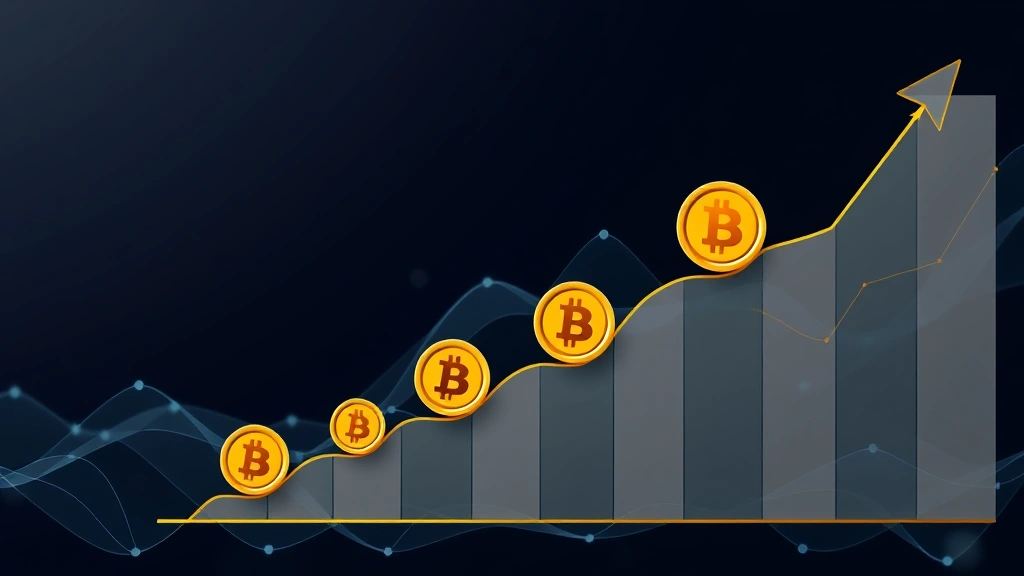 Abstract representation of a financial growth curve ascending upward with Bitcoin symbols integrated into the chart, showing market cycles and adoption trajectory in a professional trading environment aesthetic