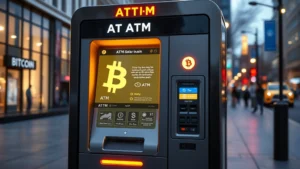 Modern Bitcoin ATM machine in sleek urban environment with glowing digital interface showing cryptocurrency symbols and transaction options, photorealistic, no text visible