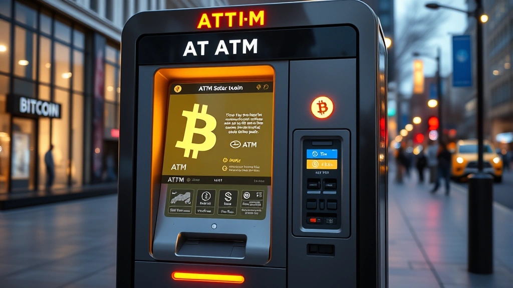 Modern Bitcoin ATM machine in sleek urban environment with glowing digital interface showing cryptocurrency symbols and transaction options, photorealistic, no text visible