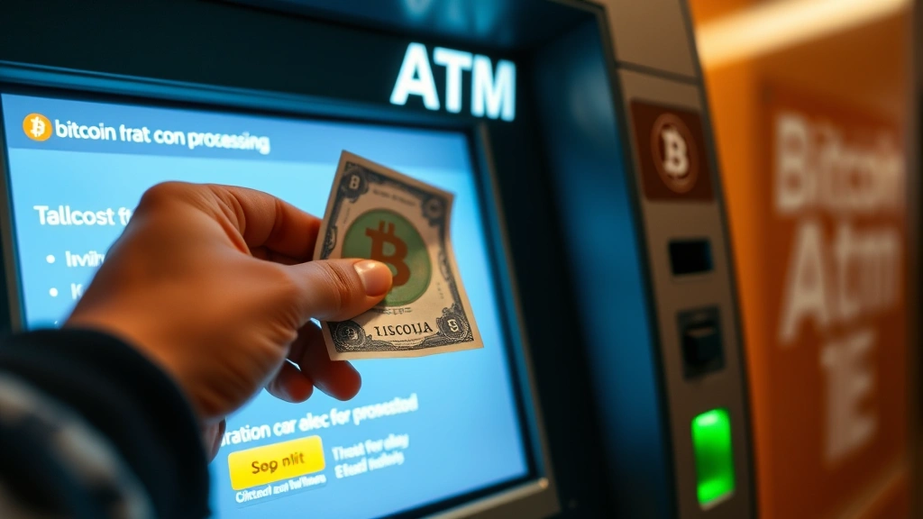 Hands inserting paper currency into Bitcoin ATM with illuminated screen displaying transaction processing, realistic lighting, close-up perspective, no readable text