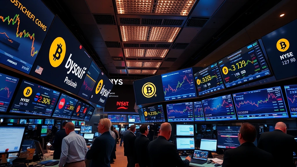 Busy cryptocurrency exchange trading floor with multiple screens showing Bitcoin price data and trading activity, photorealistic financial environment, no visible ticker symbols or numbers