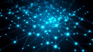 Photorealistic image of a digital ledger with interconnected nodes and blockchain chains glowing in blue and green, representing decentralized network architecture and cryptographic security on a dark background