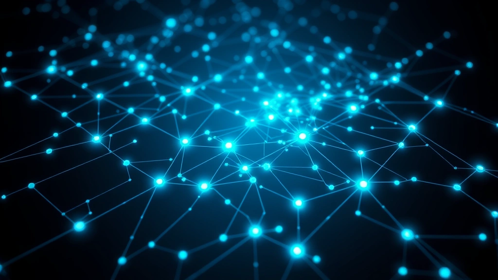 Photorealistic image of a digital ledger with interconnected nodes and blockchain chains glowing in blue and green, representing decentralized network architecture and cryptographic security on a dark background